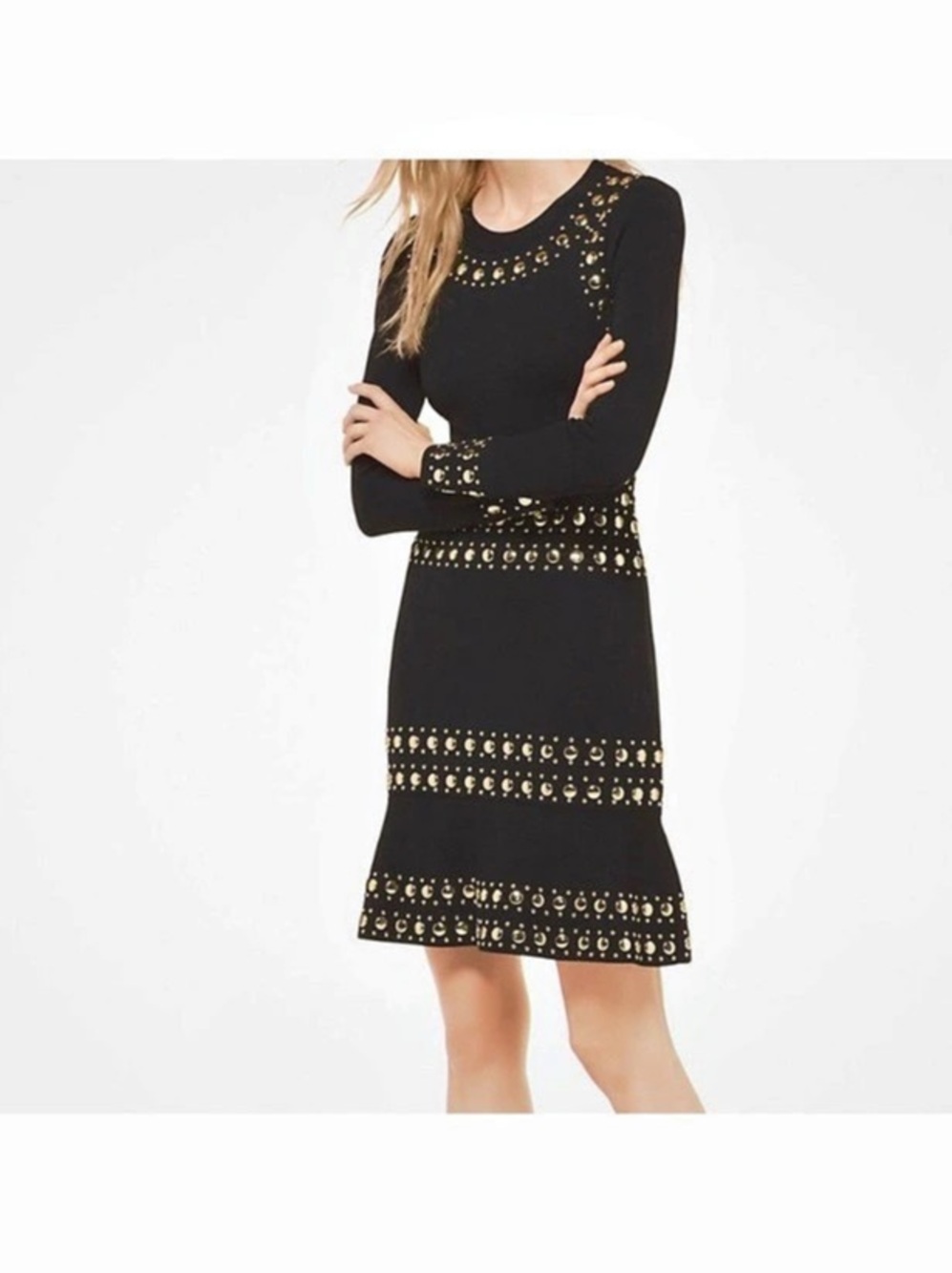 Michael Kors Embellished Studded Midi Dress in Black & Gold L